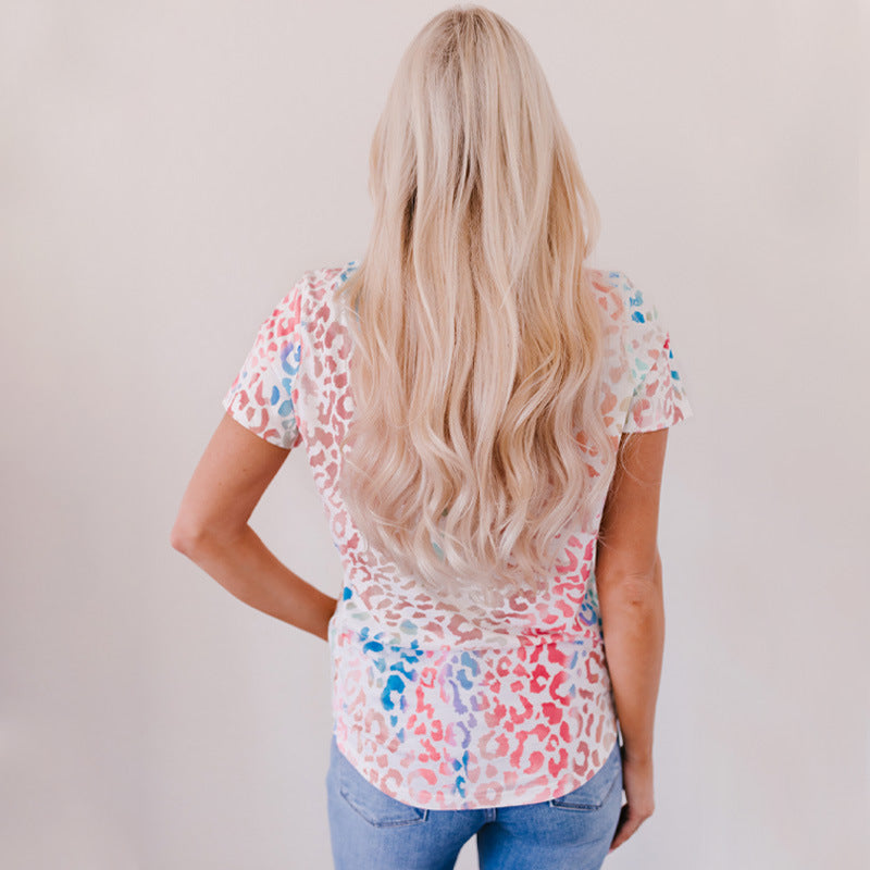 Wholesale Leopard Print Contrast Color Loose and Versatile Western Style Short Sleeves